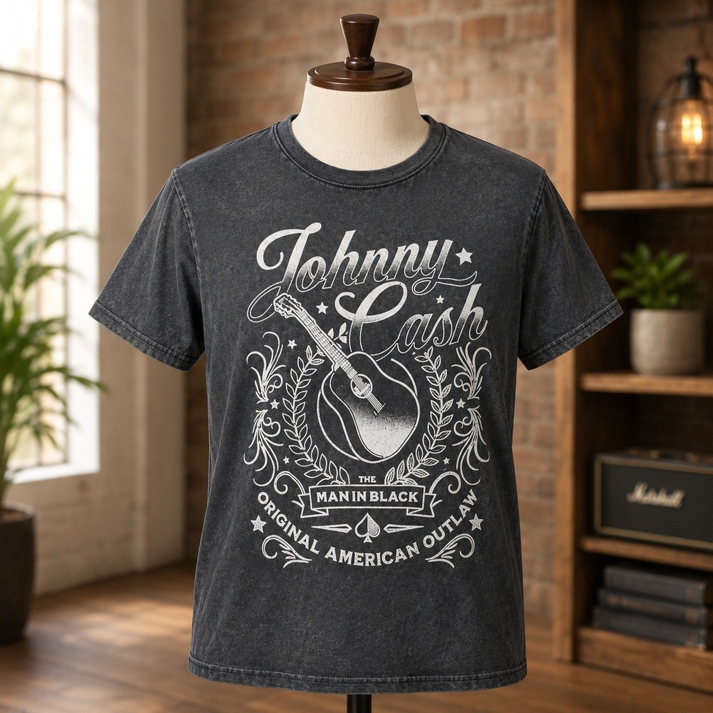 NWOT Johnny Cash T-Shirt Mens‎ Medium Gray Acid Wash Tee Man In Black Outlaw